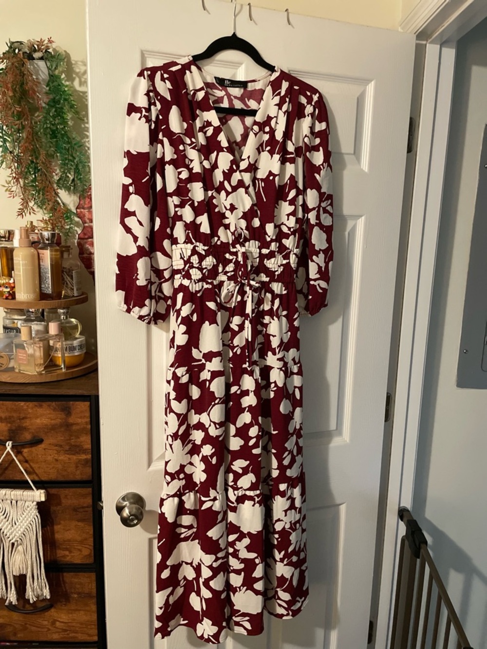Floral Burgundy Wrap Maxi Dress with Elastic Waist - Picture 2 of 3
